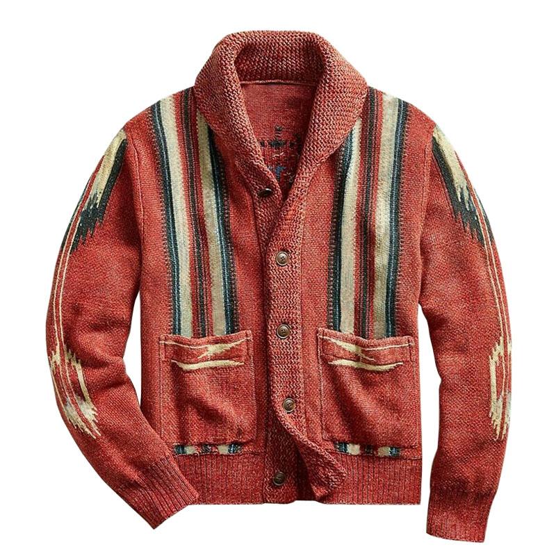 Men's Vintage Jacquard Lapel Single Breasted Long Sleeve Knit Cardigan 51482095M