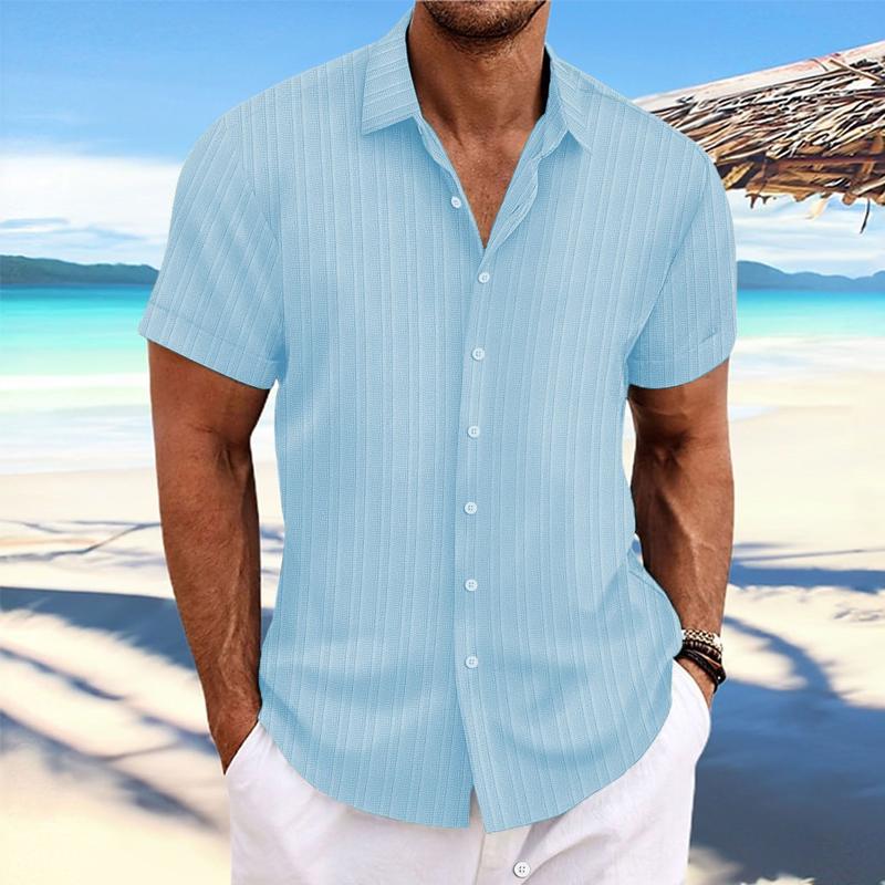 【24-hour shipping out】Men's Cotton Linen Stripe Print Loose Short Sleeve Lapel Shirt 89995369X