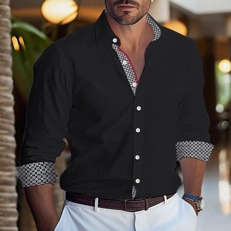 Men's Printed Colorblock Lapel Cotton Blend Long Sleeve Shirt 24410345Y