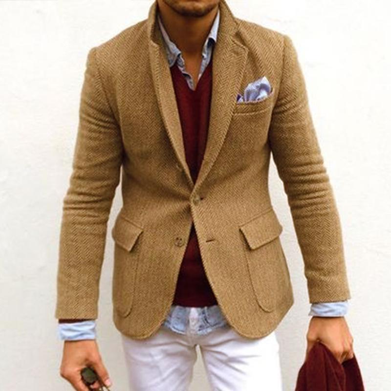 Men's Vintage Herringbone Wool Blend Lapel Single Breasted Blazer 84719153M