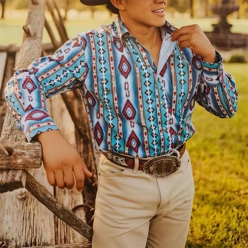 【24-hour shipping out】Men's Western Cowboy Stripe Printed Vacation Long Sleeve Shirt 43560067X