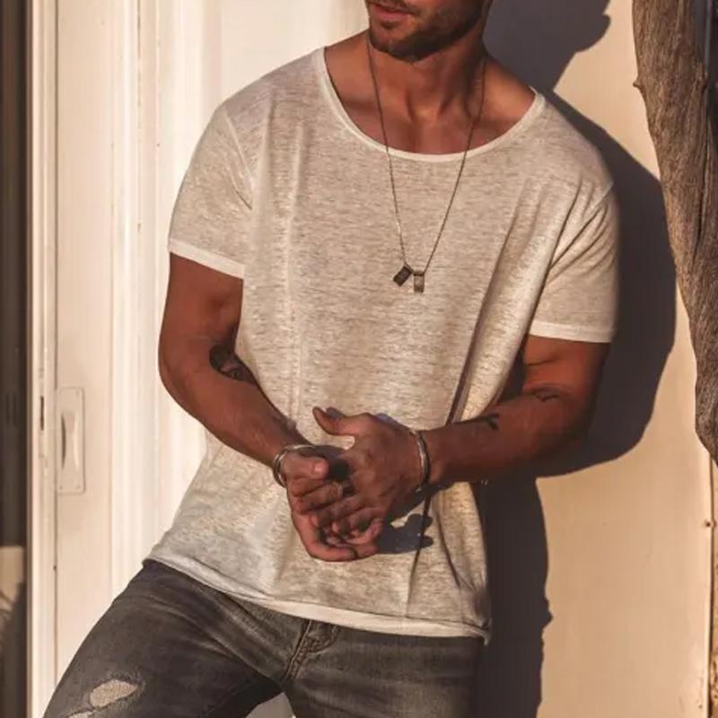【24-hour shipping out】Men's Casual Solid Color Loose Round Neck Slub Cotton Short Sleeve T-Shirt 53669259Y