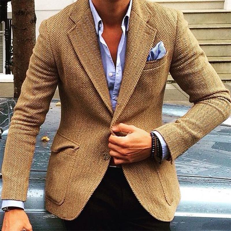 Men's Vintage Herringbone Wool Blend Lapel Single Breasted Blazer 84719153M