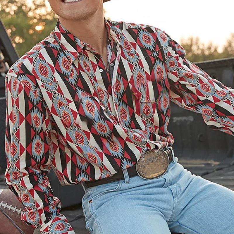 【24-hour shipping out】Men's Western Cowboy Stripe Printed Vacation Long Sleeve Shirt 43560067X