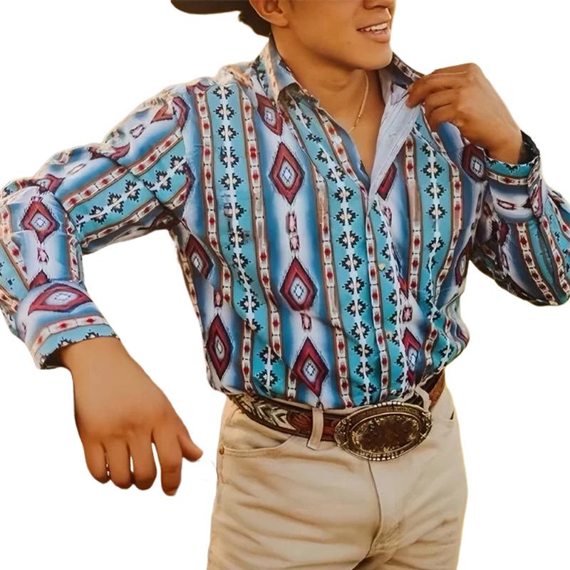 【24-hour shipping out】Men's Western Cowboy Stripe Printed Vacation Long Sleeve Shirt 43560067X