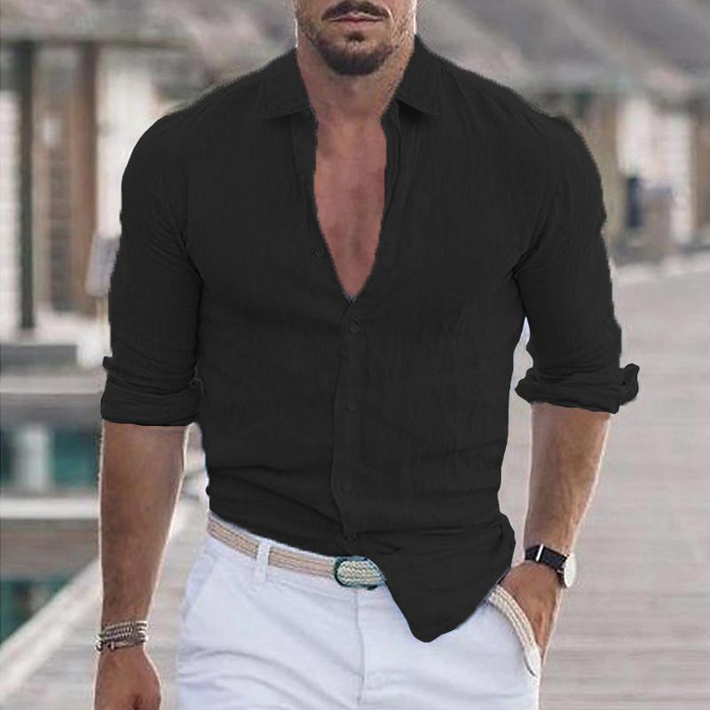 Men's Casual Solid Color Lapel Cotton Blend Long Sleeve Shirt 21280669Y