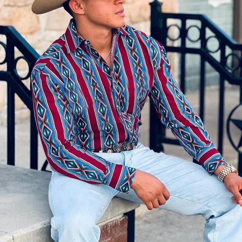 【24-hour shipping out】Men's Western Cowboy Stripe Printed Vacation Long Sleeve Shirt 43560067X
