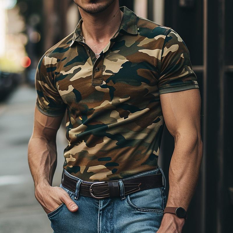 Men's Casual Camo Cotton Blend Lapel Short Sleeve Polo Shirt 35336754M