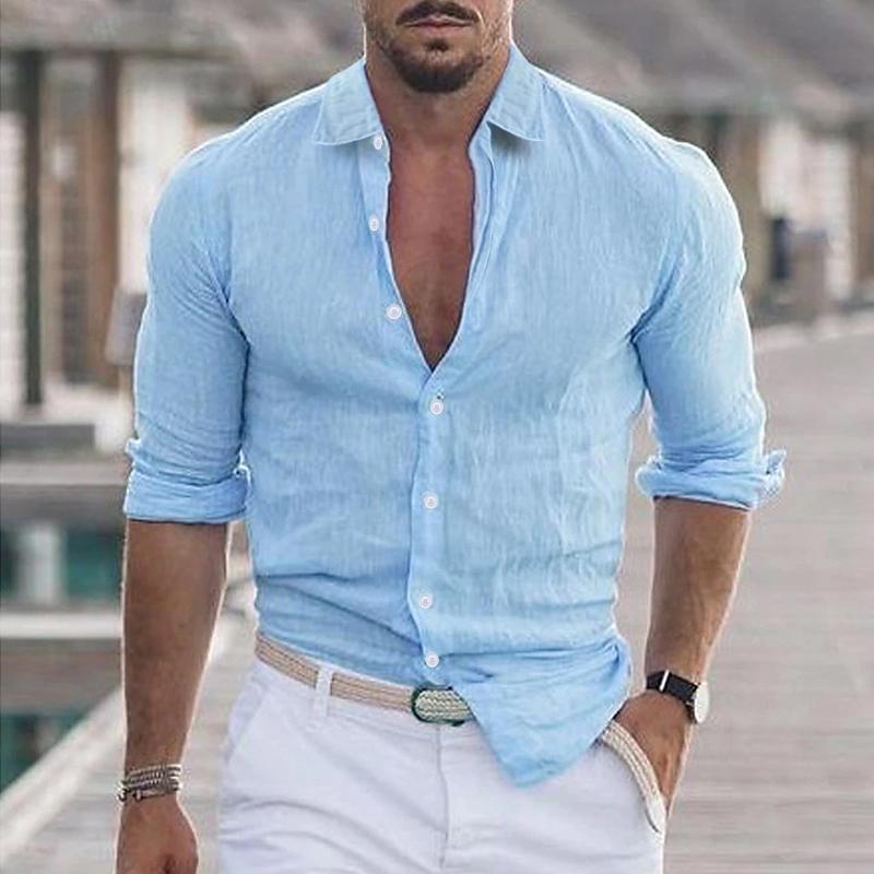 Men's Casual Solid Color Lapel Cotton Blend Long Sleeve Shirt 21280669Y