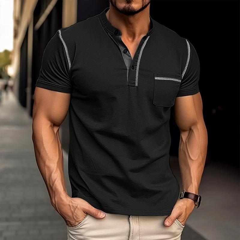 【24-hour shipping out】Men's Casual Colorblock Henley Collar Cotton Short Sleeve T-Shirt 53275107Y