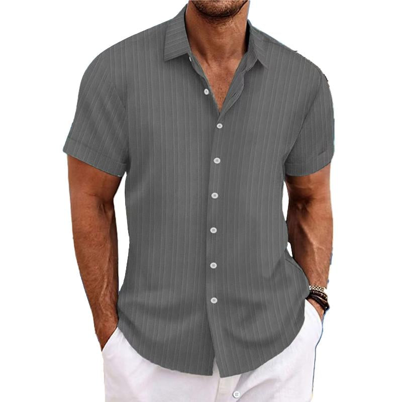 【24-hour shipping out】Men's Cotton Linen Stripe Print Loose Short Sleeve Lapel Shirt 89995369X