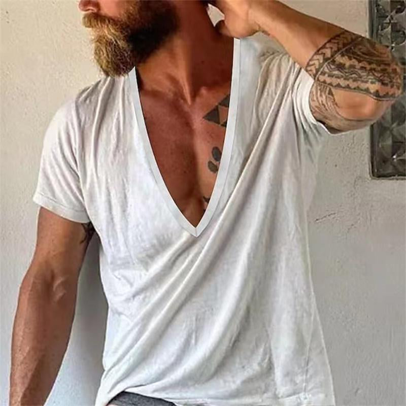【24-hour shipping out】Men's Casual Solid Color Breathable Cotton V-Neck Short-Sleeved T-Shirt 19594146M