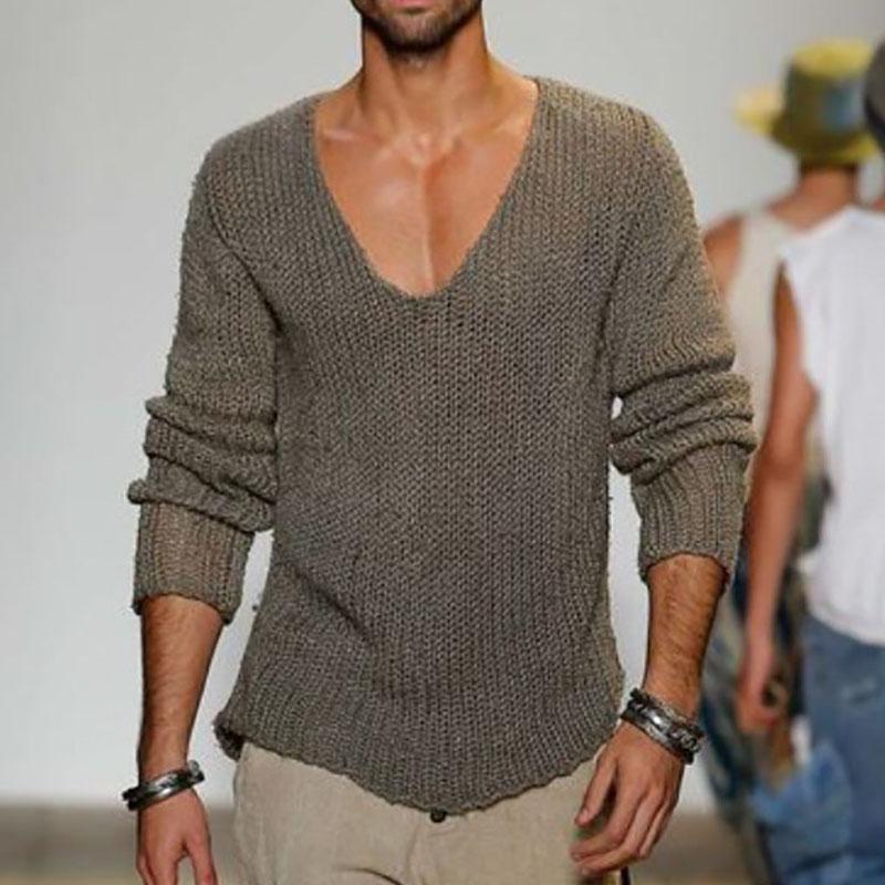 Men's Casual Solid Color V-Neck Loose Knit Pullover Sweater 18392900M