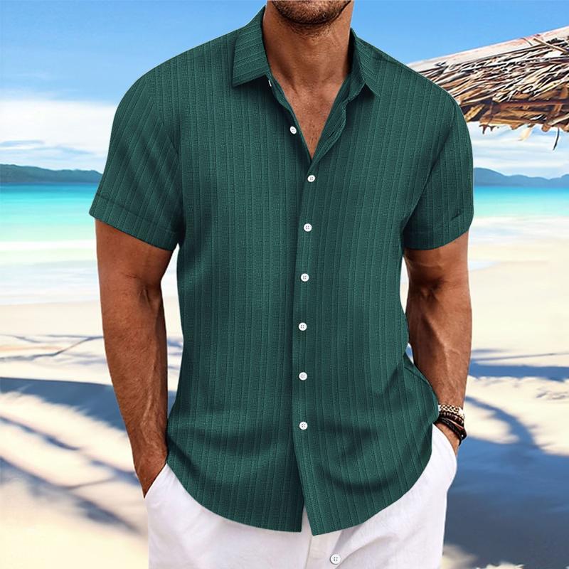 【24-hour shipping out】Men's Cotton Linen Stripe Print Loose Short Sleeve Lapel Shirt 89995369X