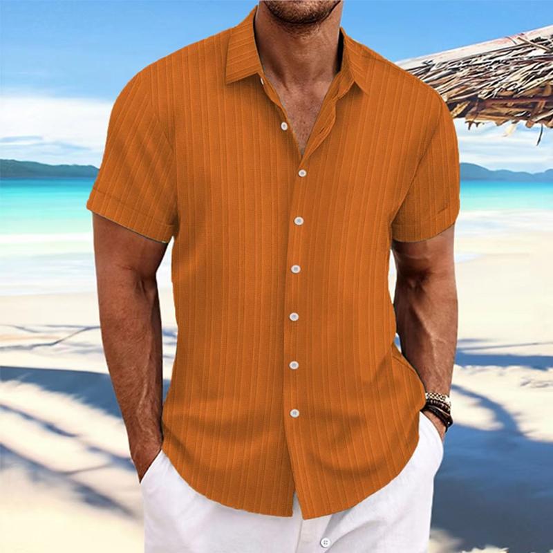 【24-hour shipping out】Men's Cotton Linen Stripe Print Loose Short Sleeve Lapel Shirt 89995369X