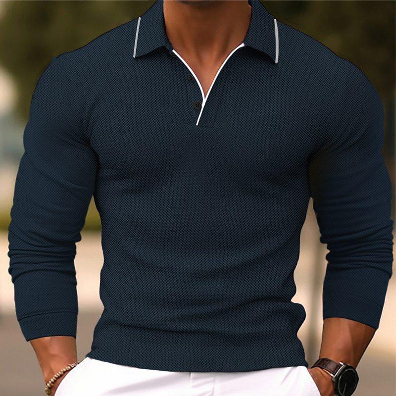 【24-hour shipping out】Men's Solid Color Lapel Slim Fit Cotton Blend Long Sleeve Polo Shirt 54171993Y