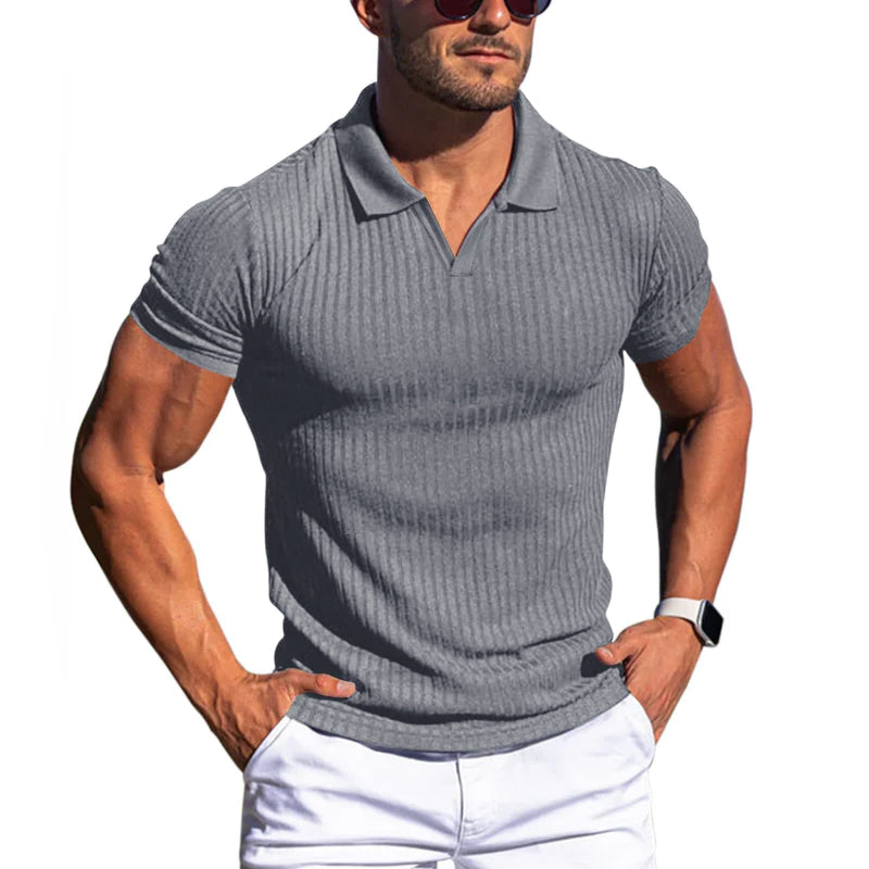 【24-hour shipping out】Men's Solid Striped Lapel Short Sleeve Polo Shirt 66319205Z