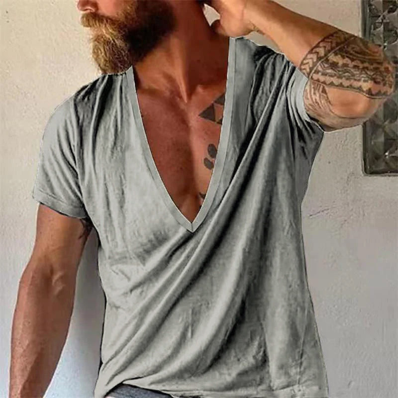 【24-hour shipping out】Men's Casual Solid Color Breathable Cotton V-Neck Short-Sleeved T-Shirt 19594146M