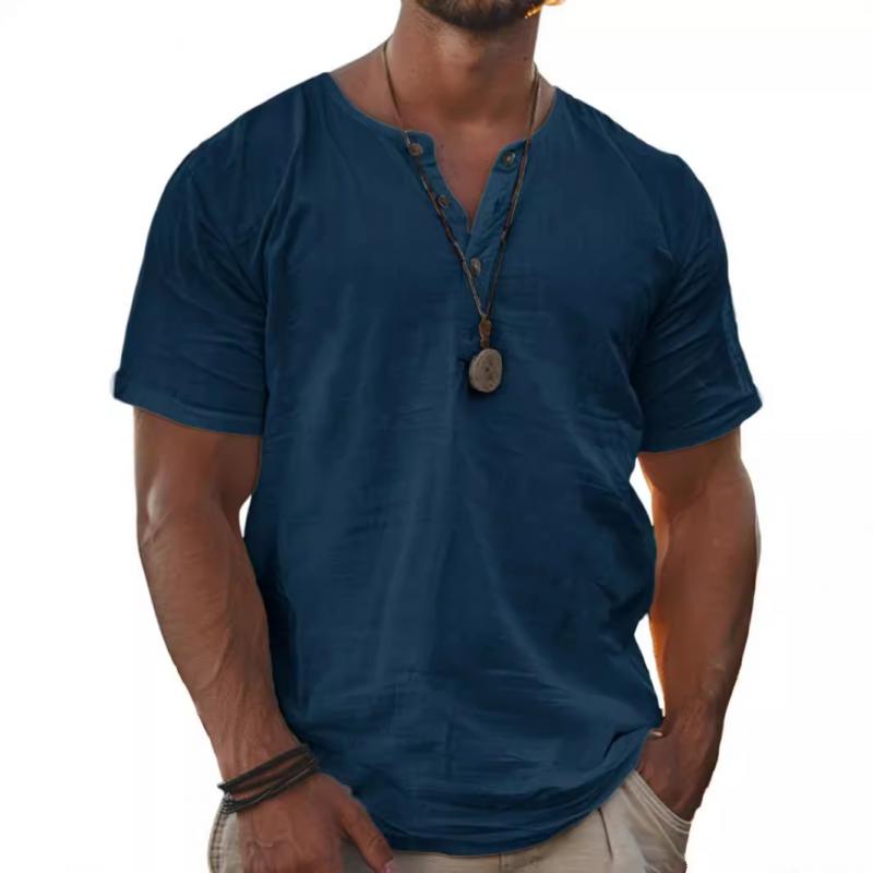 【24-hour shipping out】Men's Solid Henley Cotton and Linen Short Sleeve T-Shirt 73940181Y