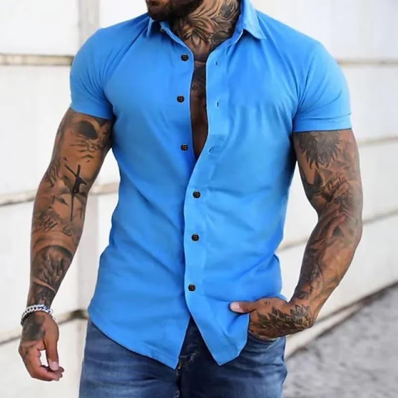 【24-hour shipping out】Men's Solid Lapel Short Sleeve Sports Fitness Shirt 23811118Z