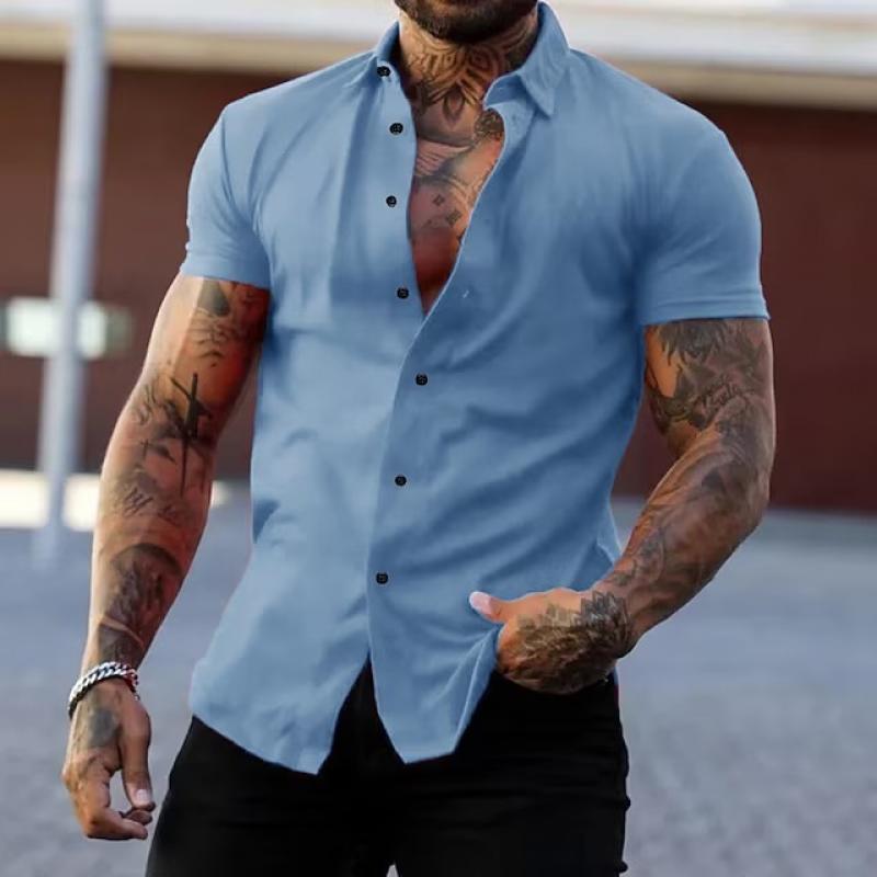【24-hour shipping out】Men's Solid Lapel Short Sleeve Sports Fitness Shirt 23811118Z