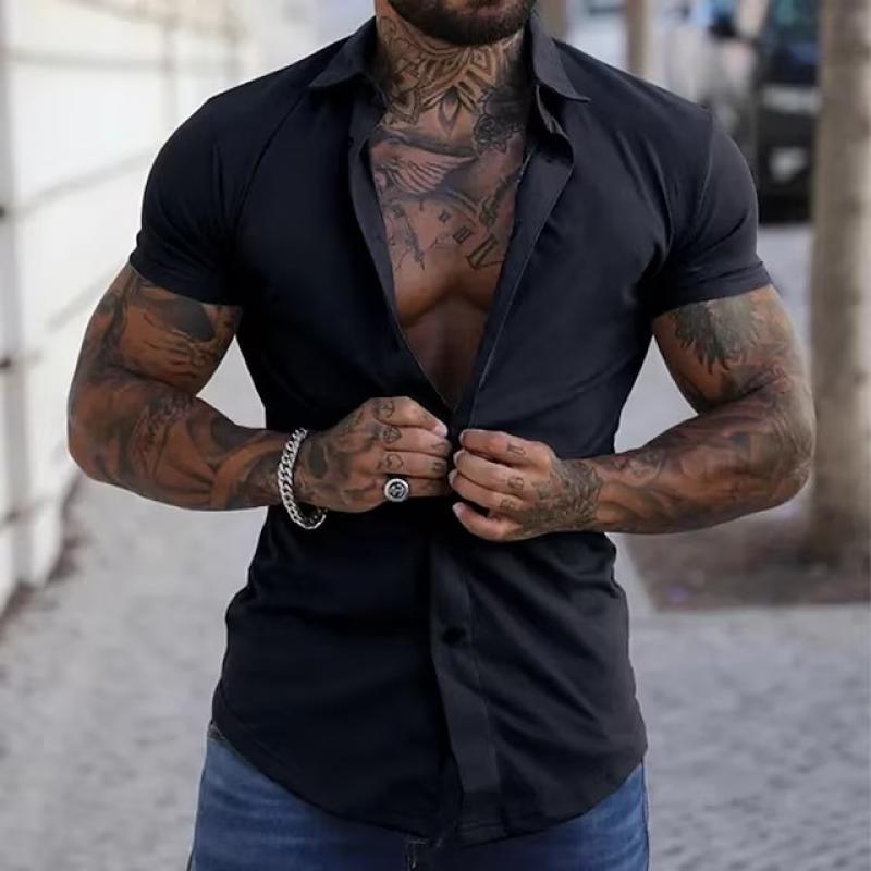 【24-hour shipping out】Men's Solid Lapel Short Sleeve Sports Fitness Shirt 23811118Z