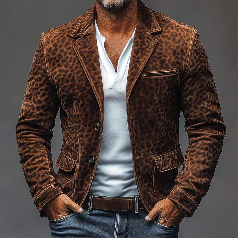 Men's Vintage Leopard Suede Notch Lapel Multi-pocket Single Breasted Blazer 51590562Z