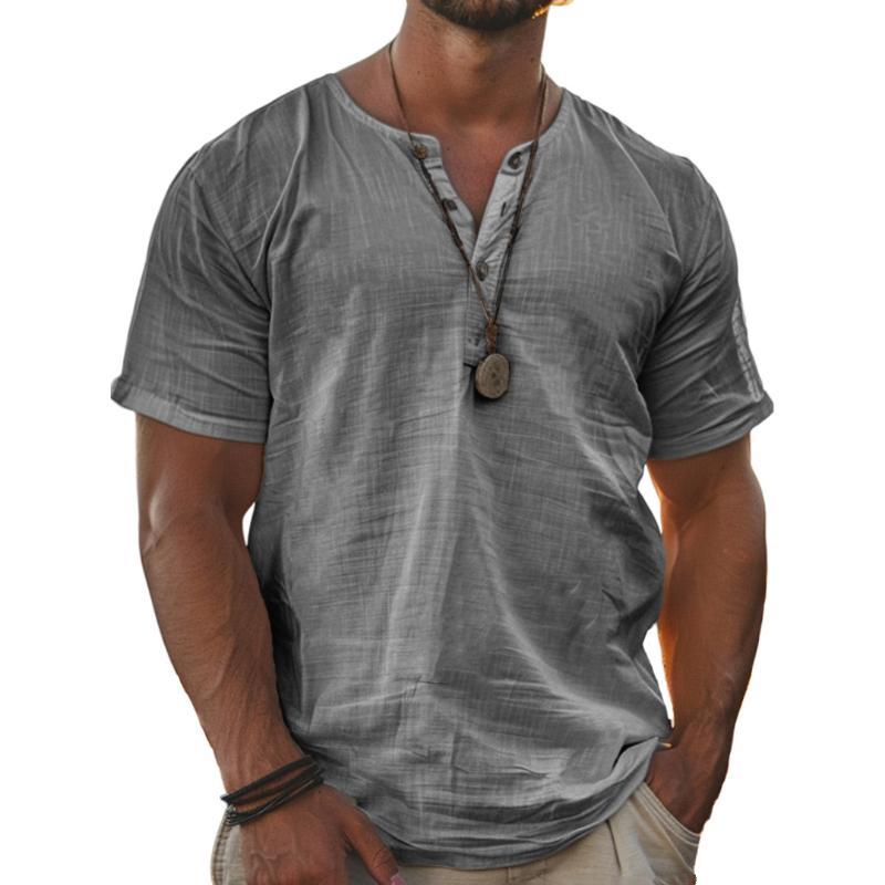 【24-hour shipping out】Men's Solid Henley Cotton and Linen Short Sleeve T-Shirt 73940181Y