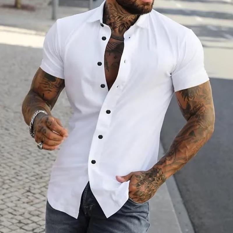 【24-hour shipping out】Men's Solid Lapel Short Sleeve Sports Fitness Shirt 23811118Z