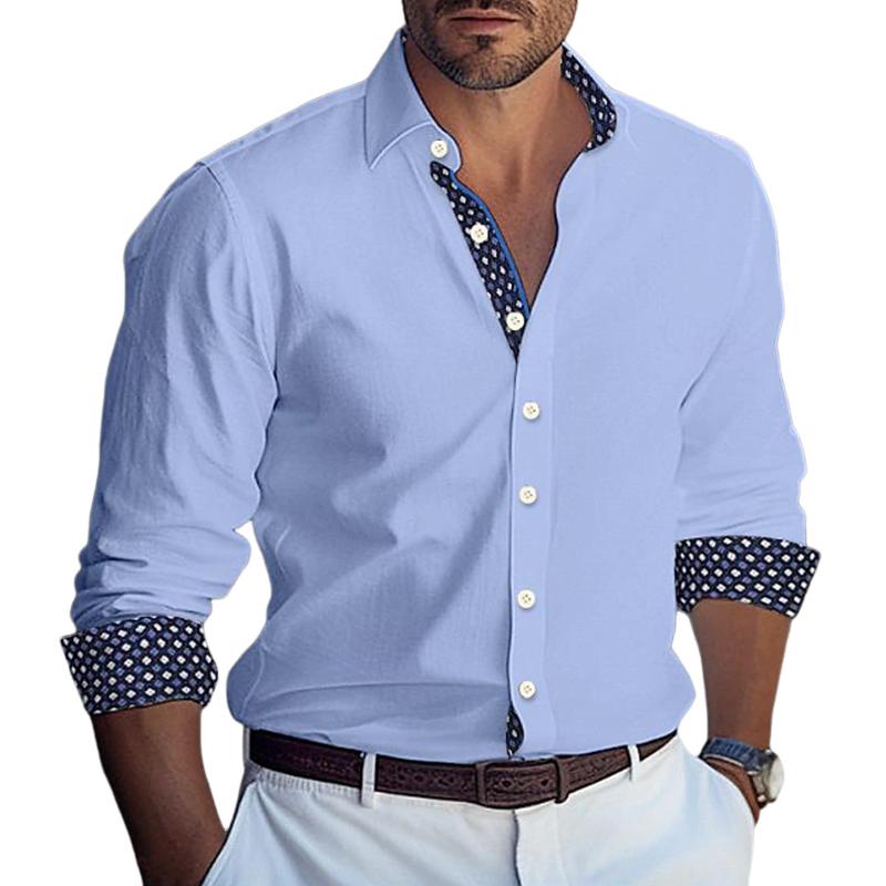 Men's Printed Colorblock Lapel Cotton Blend Long Sleeve Shirt 24410345Y
