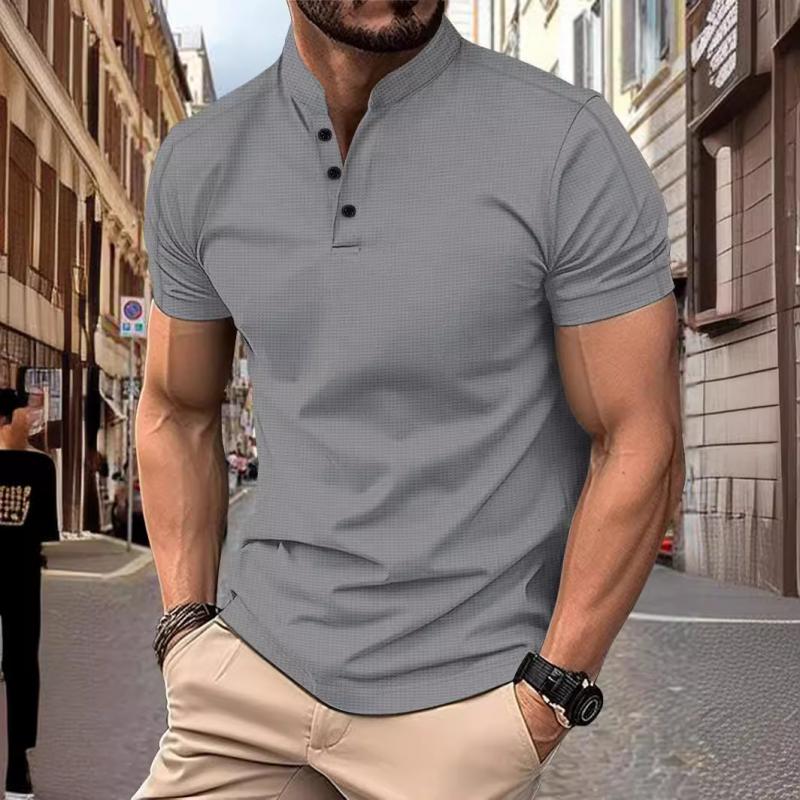 【24-hour shipping out】 Men's Casual Stand Collar Waffle Slim Fit Short Sleeve T-Shirt 21454794M