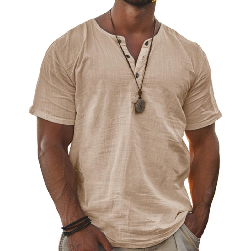 【24-hour shipping out】Men's Solid Henley Cotton and Linen Short Sleeve T-Shirt 73940181Y