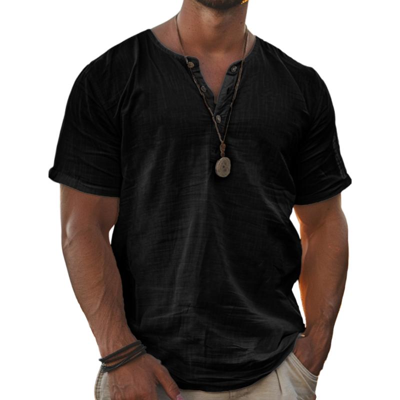 【24-hour shipping out】Men's Solid Henley Cotton and Linen Short Sleeve T-Shirt 73940181Y