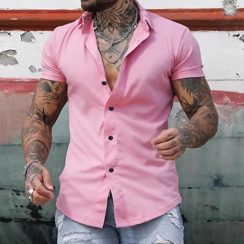 【24-hour shipping out】Men's Solid Lapel Short Sleeve Sports Fitness Shirt 23811118Z