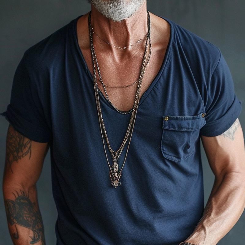 【24-hour shipping out】Men's V Neck Breast Pocket Short Sleeve Cargo T-shirt 63249043Z