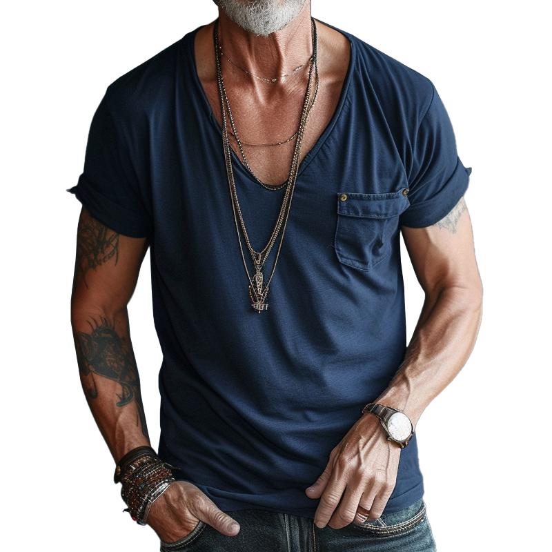 【24-hour shipping out】Men's V Neck Breast Pocket Short Sleeve Cargo T-shirt 63249043Z