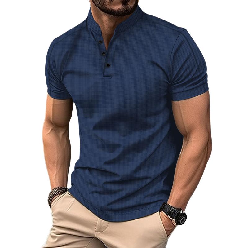 【24-hour shipping out】 Men's Casual Stand Collar Waffle Slim Fit Short Sleeve T-Shirt 21454794M