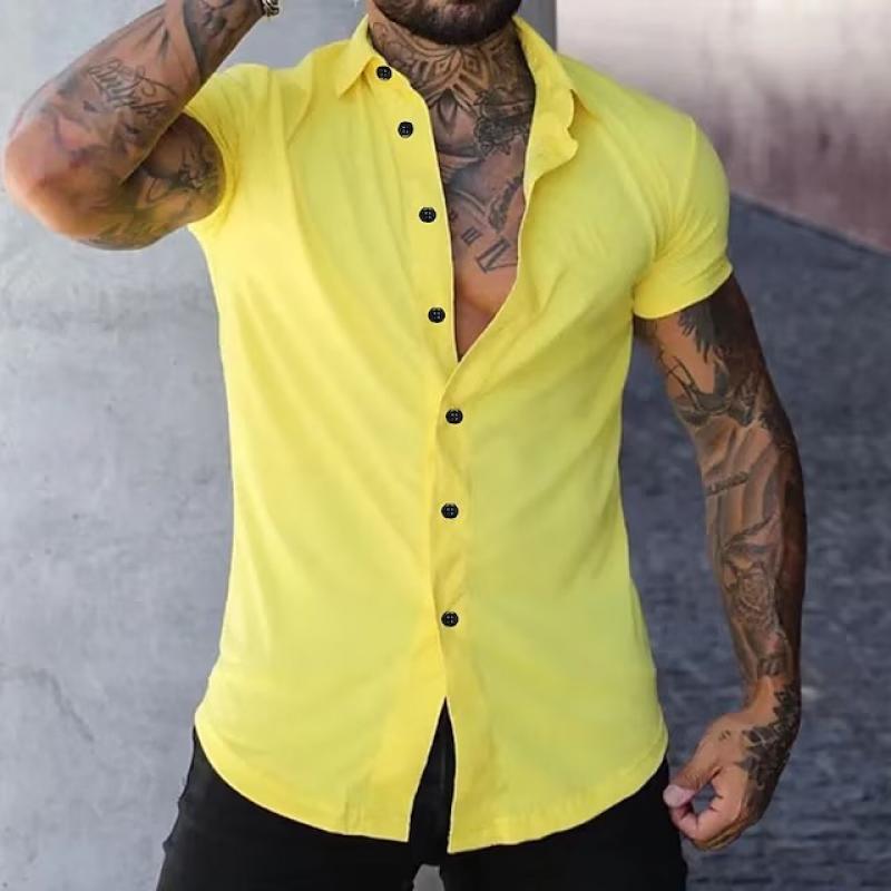 【24-hour shipping out】Men's Solid Lapel Short Sleeve Sports Fitness Shirt 23811118Z