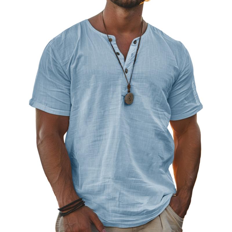 【24-hour shipping out】Men's Solid Henley Cotton and Linen Short Sleeve T-Shirt 73940181Y