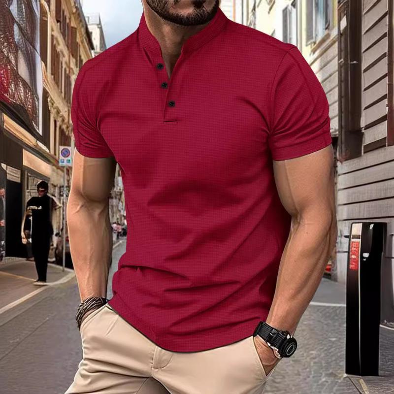 【24-hour shipping out】 Men's Casual Stand Collar Waffle Slim Fit Short Sleeve T-Shirt 21454794M