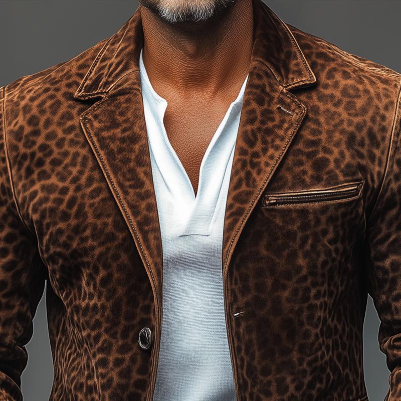 Men's Vintage Leopard Suede Notch Lapel Multi-pocket Single Breasted Blazer 51590562Z
