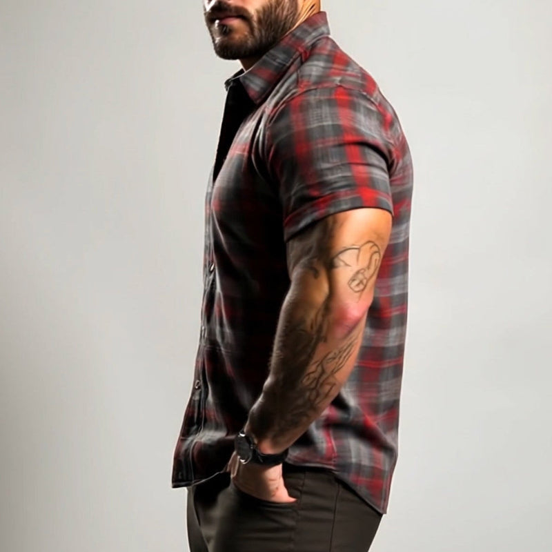 【24-hour shipping out】Men's Retro Casual Plaid Print Lapel Short Sleeve Shirt MTA1782C7TO