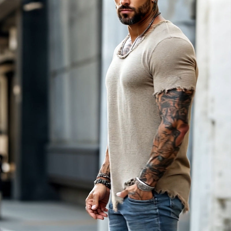 【24-hour shipping out】Men's Retro Casual Raw Edge Ripped Round Neck Short Sleeve T-Shirt MTA2587D5TO