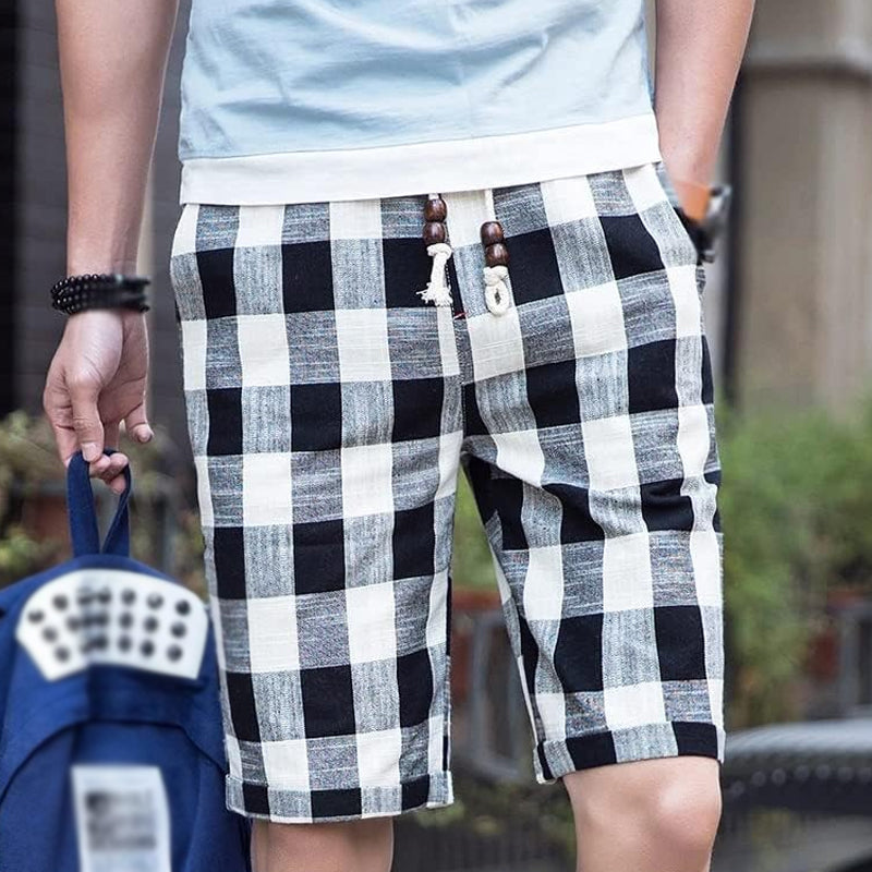 Men's Casual Cotton Linen Stripe Elastic Waist Straight Shorts 54118289M