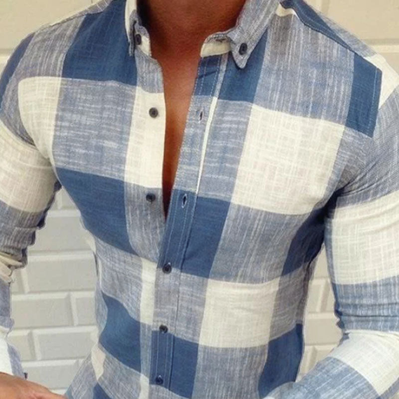 Men's Casual Cotton Plaid Lapel Slim Fit Long Sleeve Shirt 90486726M