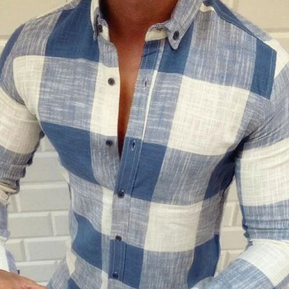 Men's Casual Cotton Plaid Lapel Slim Fit Long Sleeve Shirt 90486726M