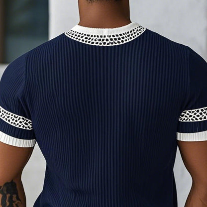 【24-hour shipping out】Men's Contrast Web Round Neck Knitted Short Sleeve T-Shirt MTA1895C3X