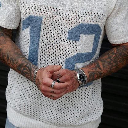 【24-hour shipping out】Men's Sport Lettering Jacquard Crew Neck Short Sleeve Sweater T-Shirt  MTA1856C1X