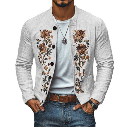 【24-hour shipping out】Men's Casual Linen Embroidered Stand Collar Single Breasted Slim Fit Jacket 48687422M