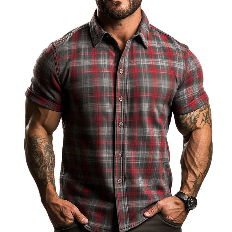 【24-hour shipping out】Men's Retro Casual Plaid Print Lapel Short Sleeve Shirt MTA1782C7TO